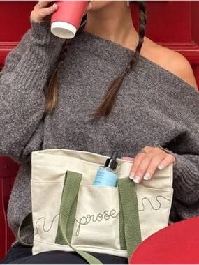 Prose Small Canvas Tote Bag in Cream with Olive Handles (7”x 11”)